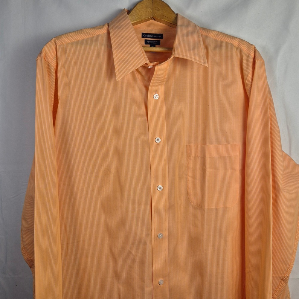 Croft & Barrow Button‎ Down Mens 17.5 36/37 Orange Good Broadcloth Striped Shirt